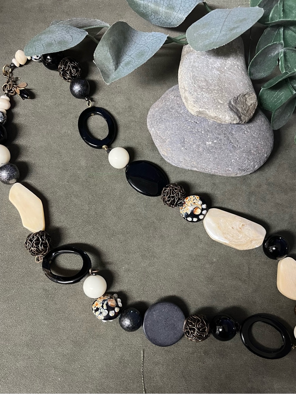 Elegant Black and Cream Beaded Statement Necklace - handmade